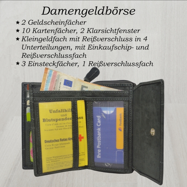 Damen Wild Leder Geldbeutel in 6 Farben mit RFID Schutz (Schwarz)